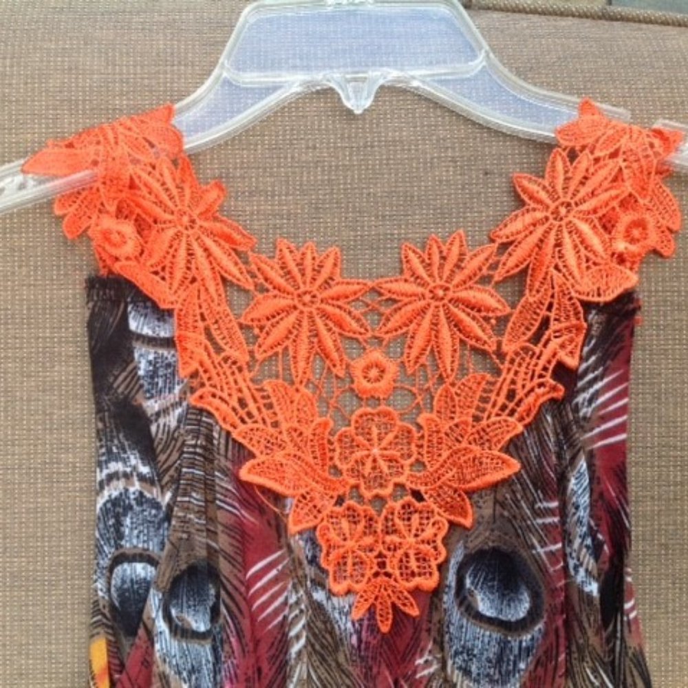 NWT LACE ORANGE PEACOCK FEATHER PRINT DRESS SUNDRESS M - Picture 3 of 7